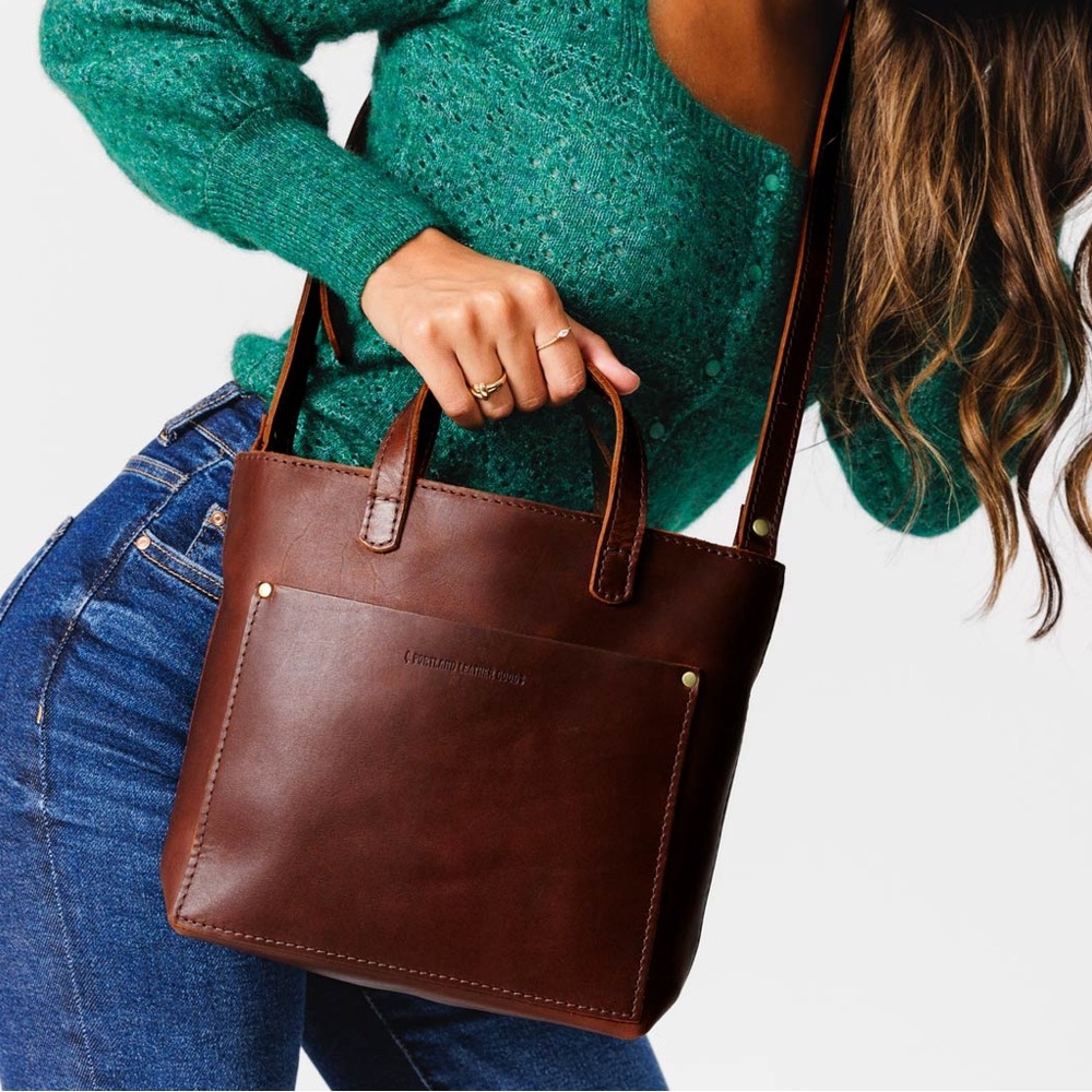 Portland Leather Cognac Zipper Mini Crossbody Tote